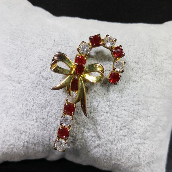 Eisenberg Ice Candy Cane Brooch, Red Clear Rhinestones, Vintage Jewelry - Picture 10 of 10